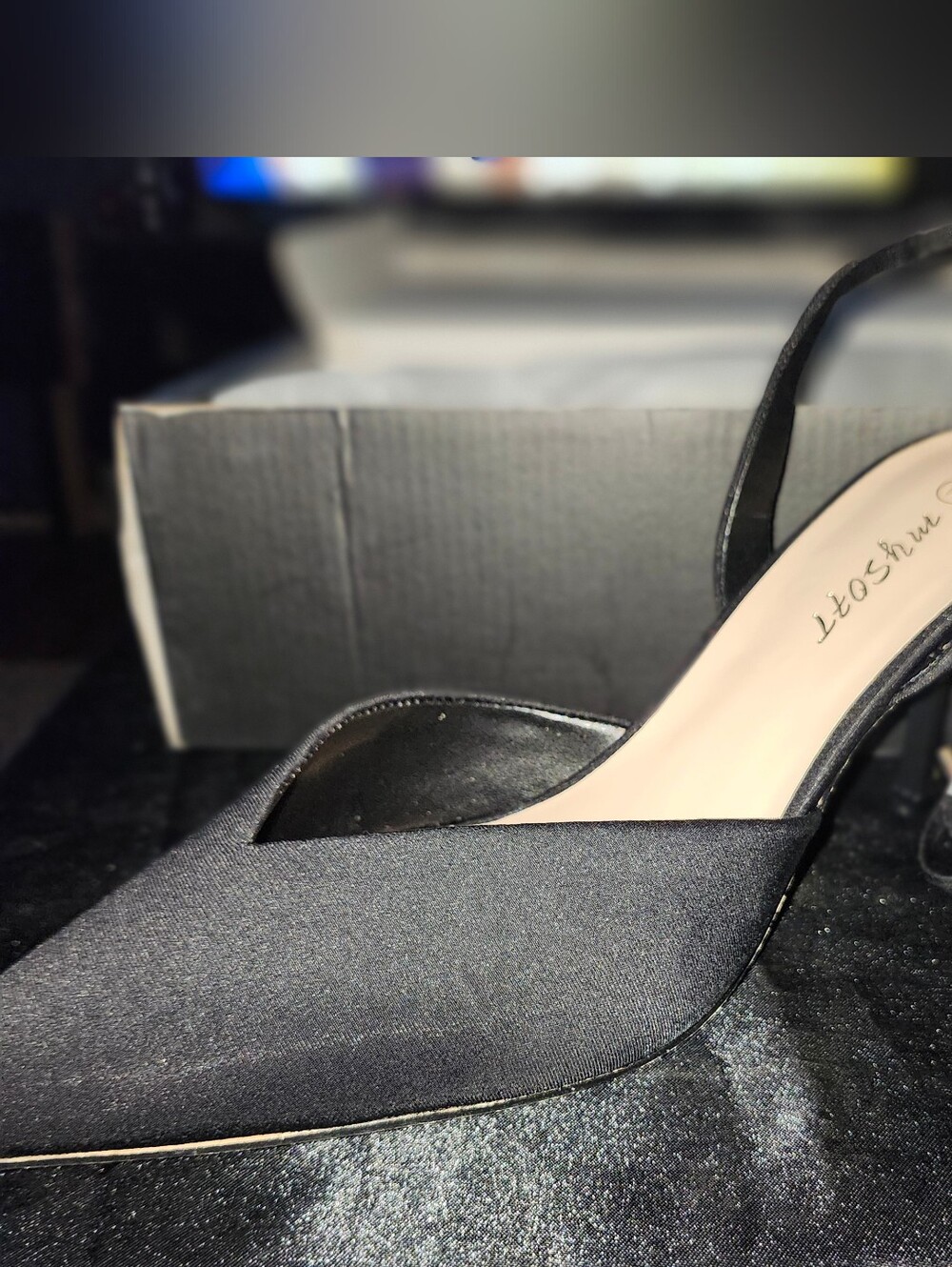 Satin Black Pointed-Toe Slingback Heels